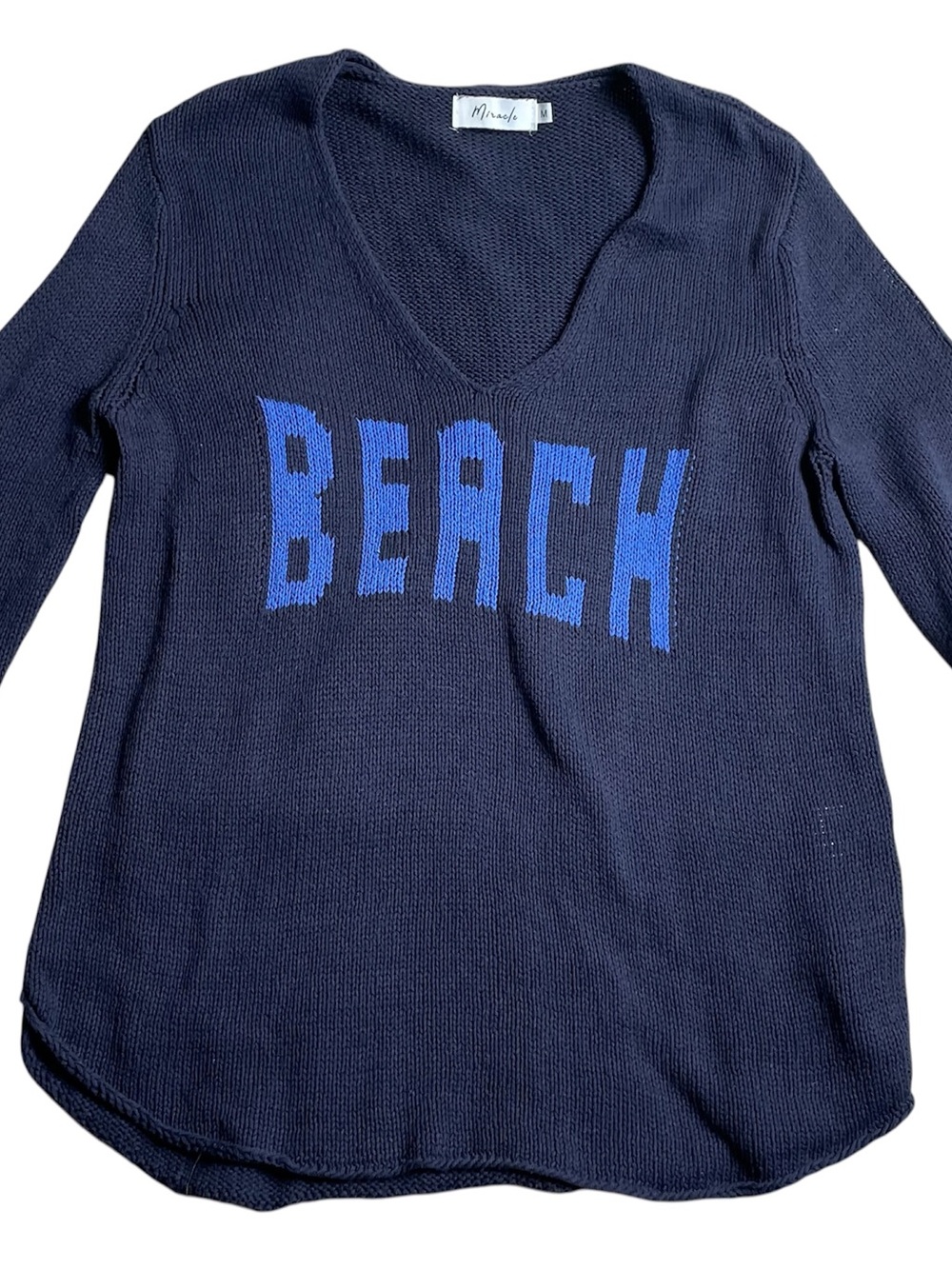 Miracle Navy V-Neck Sweater with Blue BEACH Lettering